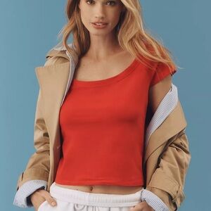 Anthropologie Maeve Red Scoop Neck Ribbed T Shirt